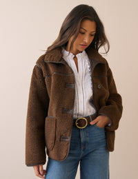 Brown Funnel Neck Faux Sherling Coat