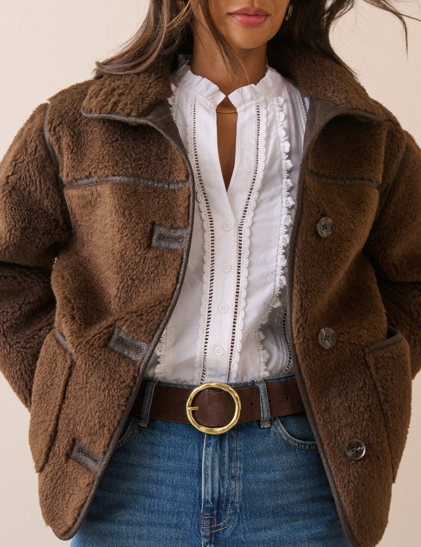 Brown Funnel Neck Faux Sherling Coat