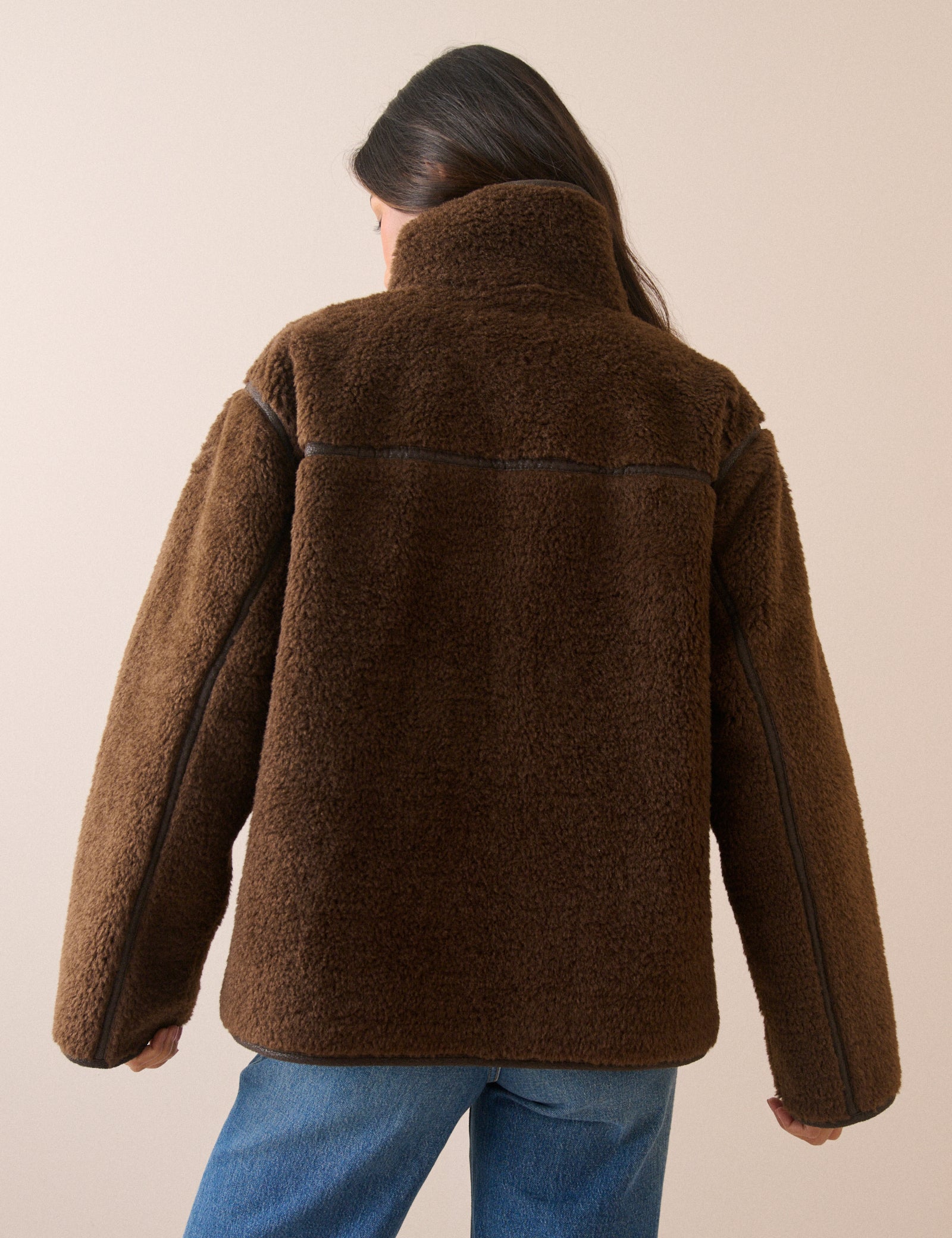 Brown Funnel Neck Faux Sherling Coat