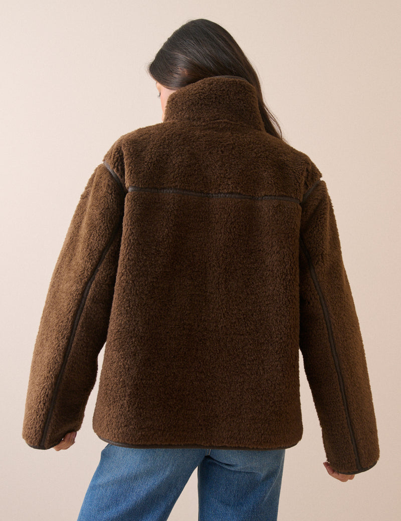 Brown Funnel Neck Faux Sherling Coat