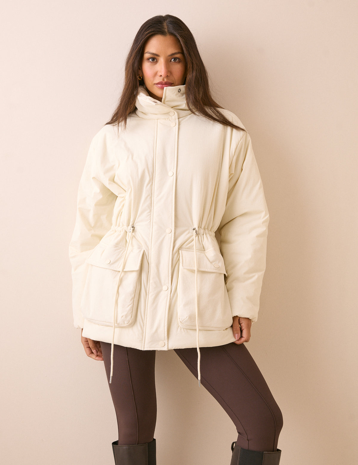 Cream Funnel Neck Puffer Jacket