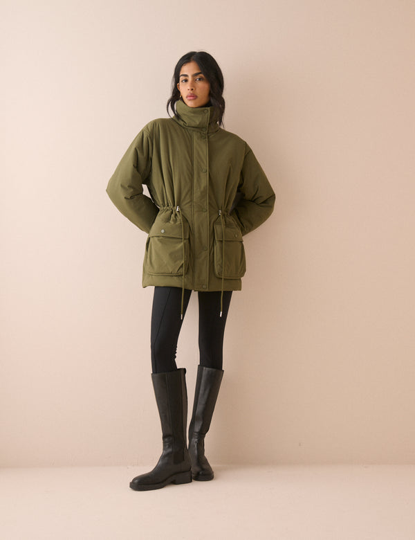 Khaki Funnel Neck Puffer Jacket