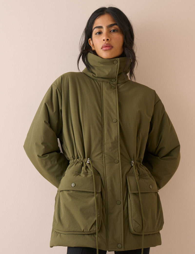 Khaki Funnel Neck Puffer Jacket