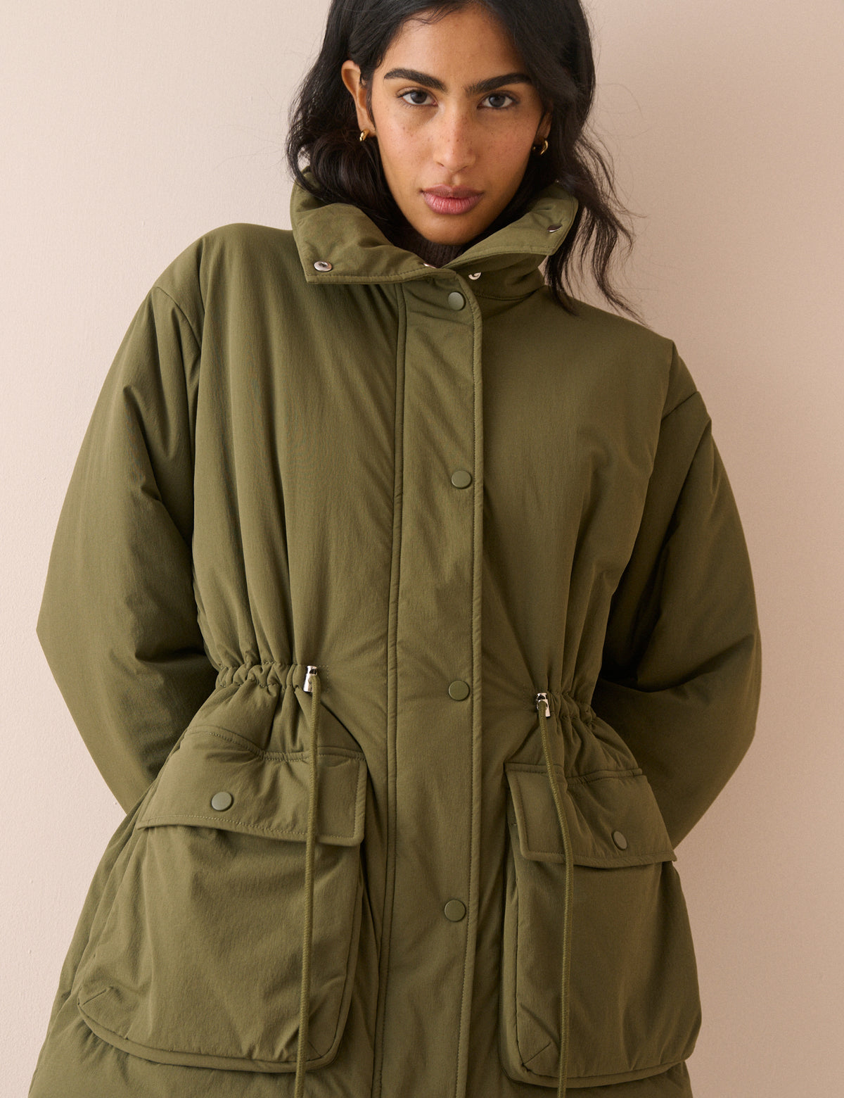 Khaki Funnel Neck Puffer Jacket