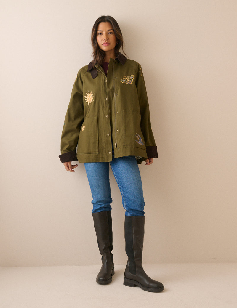 Khaki Celestial Embroidered Barn Jacket