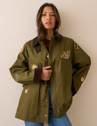 Khaki Celestial Embroidered Barn Jacket