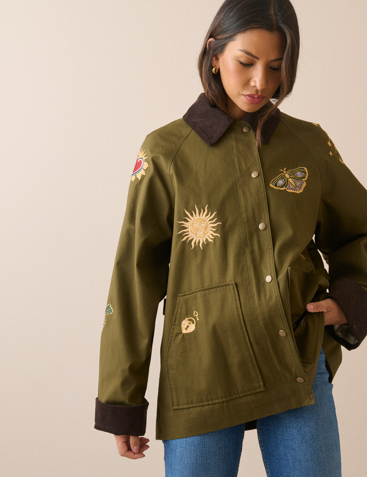 Khaki Celestial Embroidered Barn Jacket