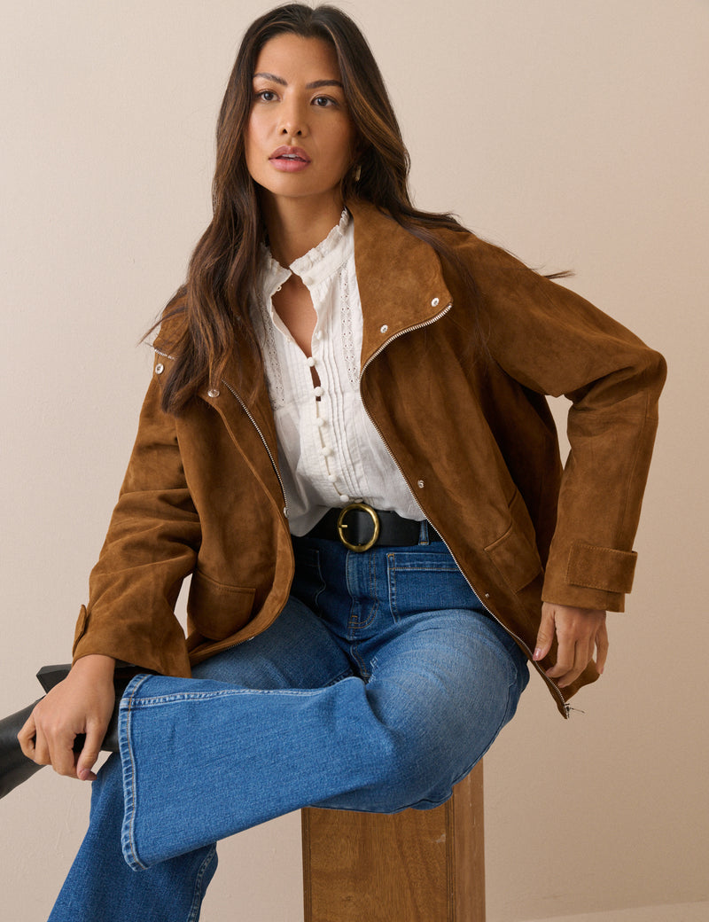 Tan Suede Funnel Neck Langham Jacket