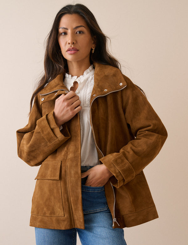 Tan Suede Funnel Neck Langham Jacket