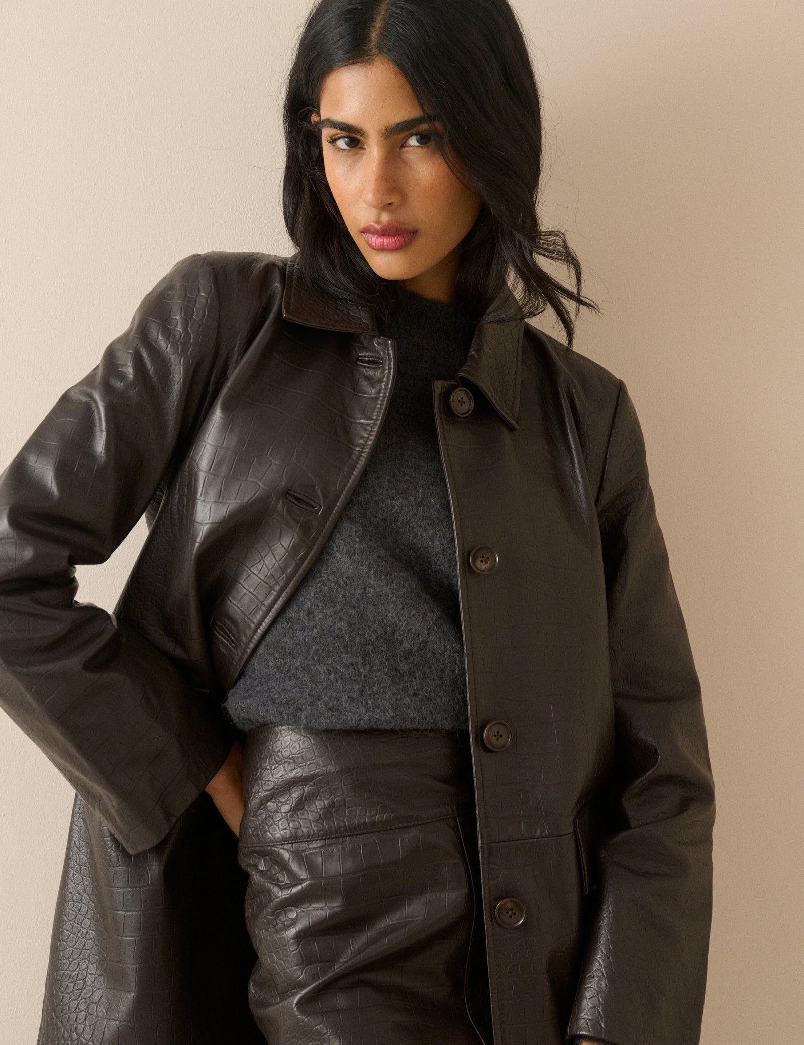 Dark Brown Croc-Embossed Leather Coat