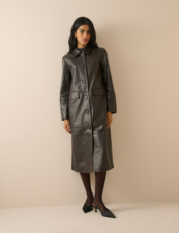 Dark Brown Croc-Embossed Leather Coat
