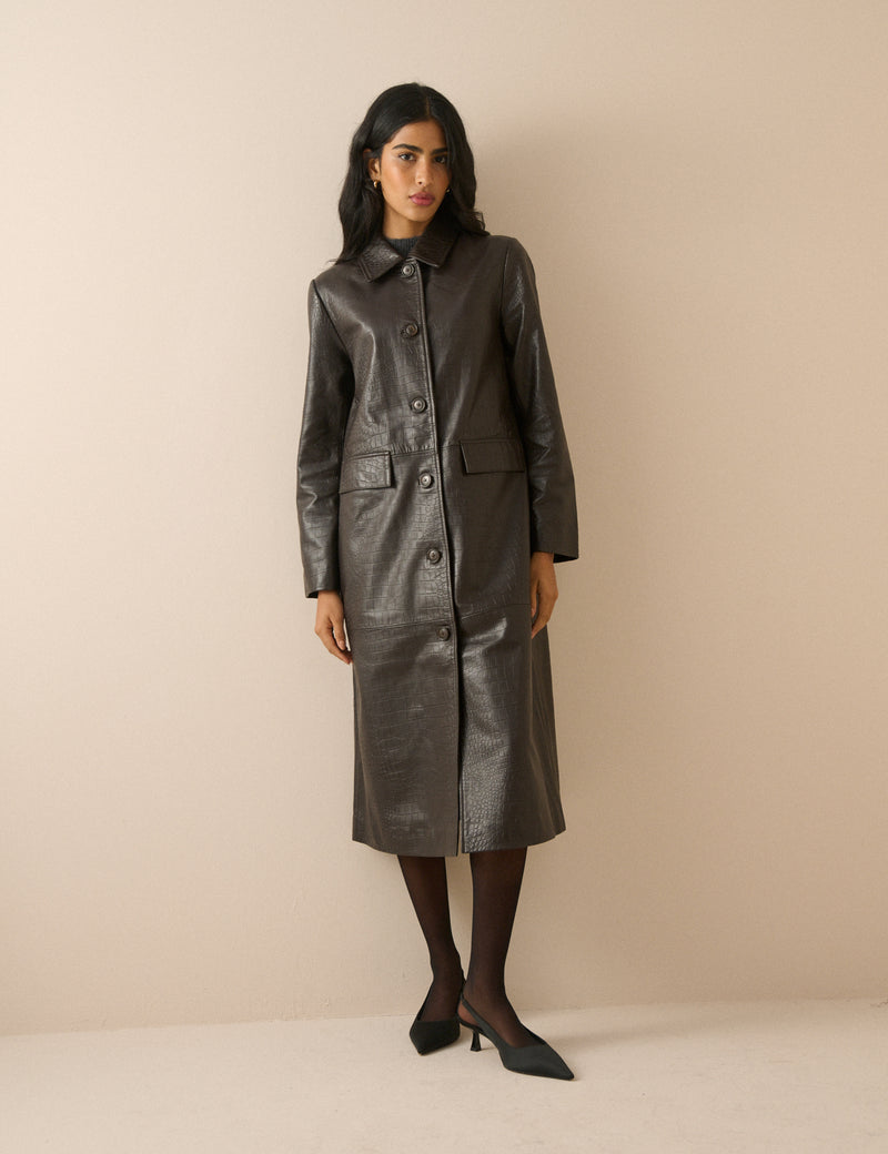 Dark Brown Croc-Embossed Leather Coat