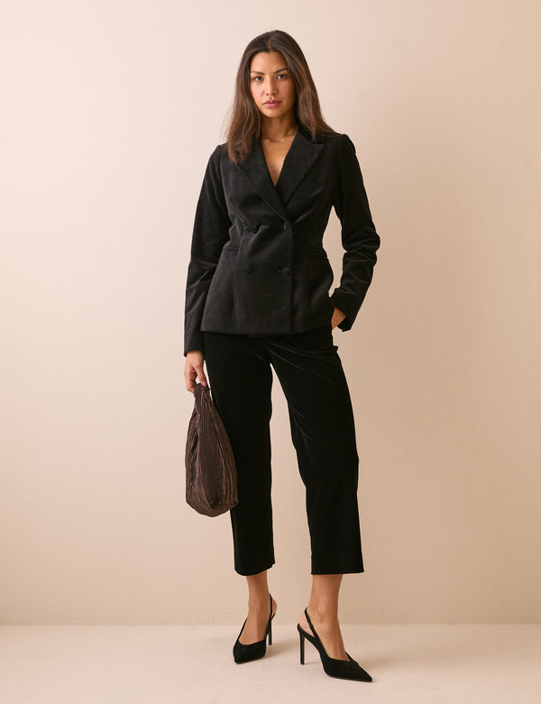 Black Double-Breasted Velvet Blazer