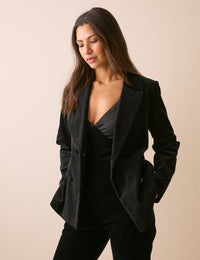 Black Double-Breasted Velvet Blazer