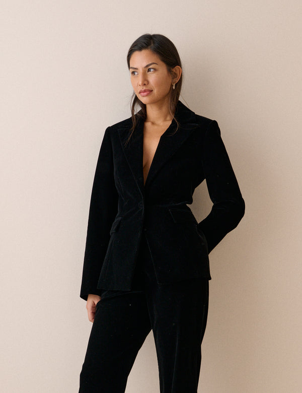 Black Double-Breasted Velvet Blazer
