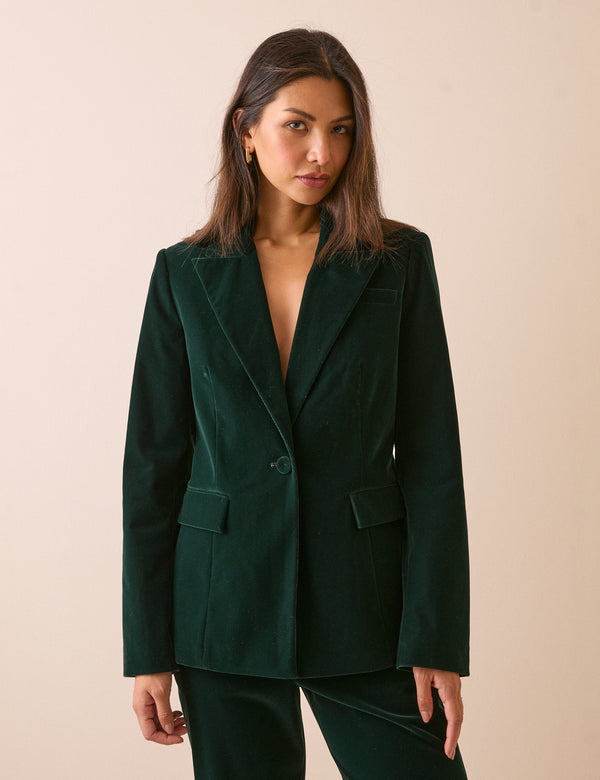Green Single Breasted Velvet Blazer