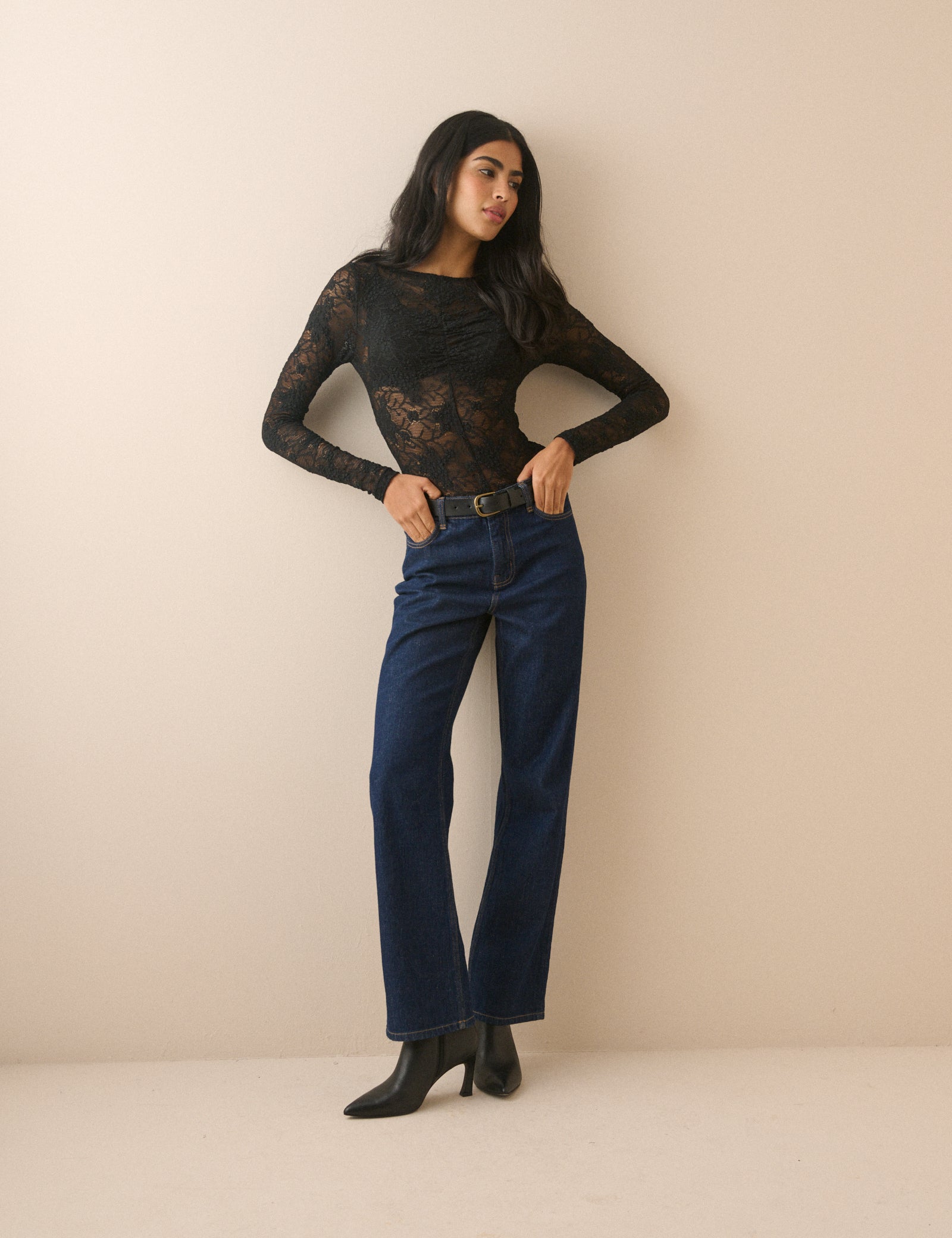 Black Floral Lace Ruched Top