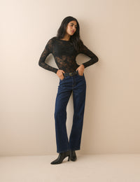 Black Floral Lace Ruched Top