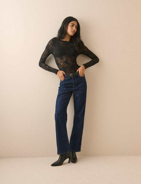 Black Floral Lace Ruched Top