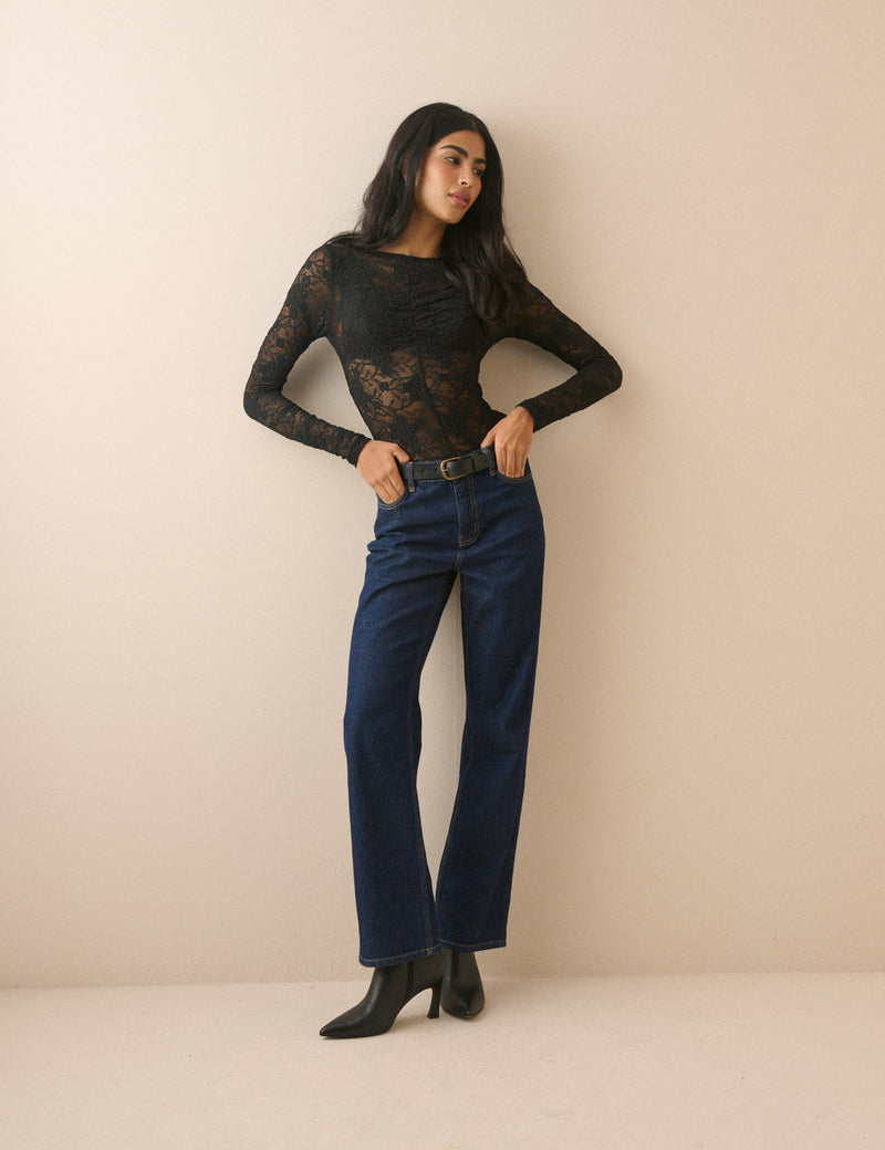 Black Floral Lace Ruched Top
