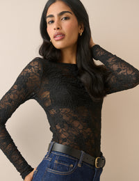 Black Floral Lace Ruched Top