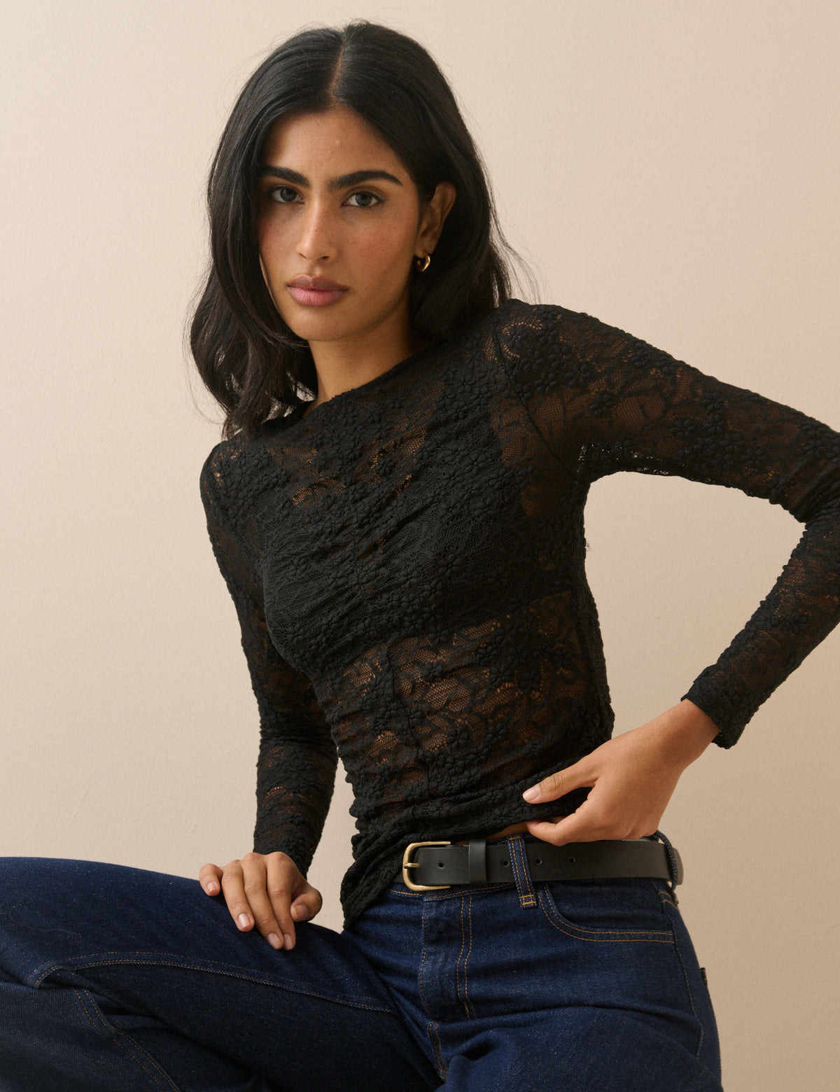 Black Floral Lace Ruched Top