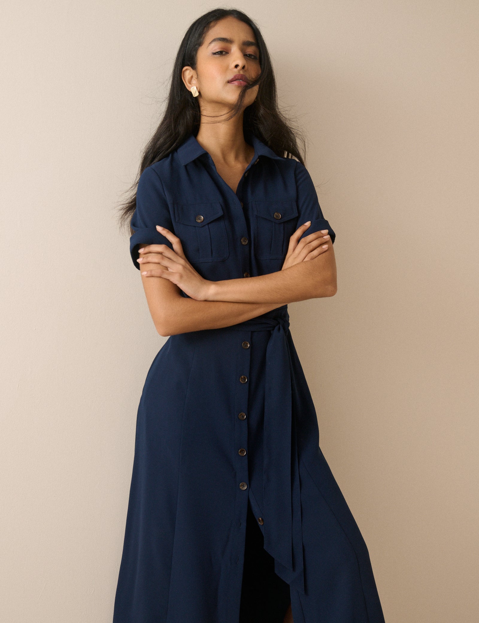 Navy Crepe Enya Shirt Dress