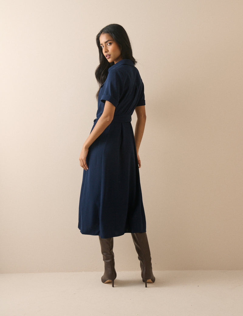 Navy Crepe Enya Shirt Dress