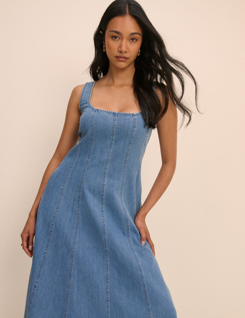 Denim Square Neck Wide Strap Midi Dress