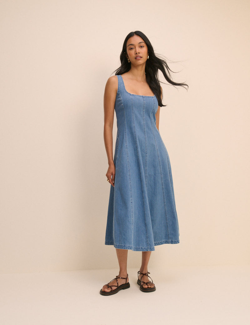 Denim Square Neck Wide Strap Midi Dress