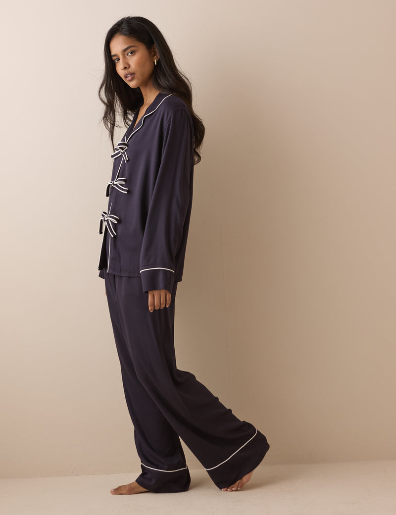Navy Tie-Front Satin Pyjama Set
