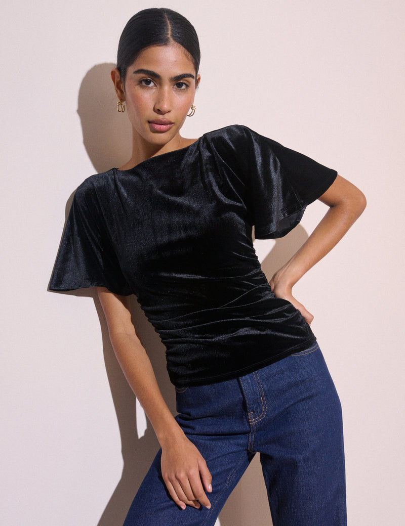 Black Ruched Velvet Top