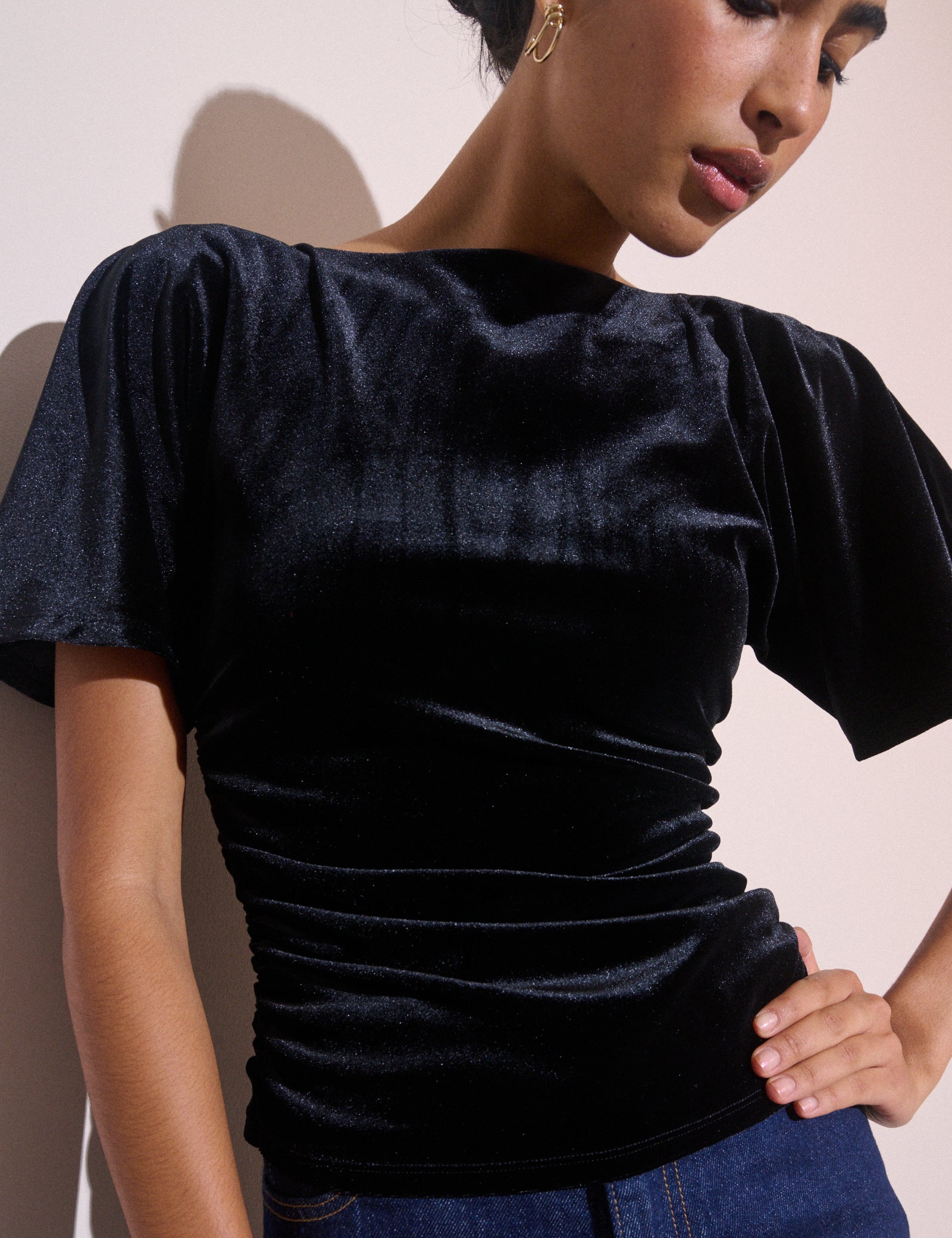 Black Ruched Velvet Top