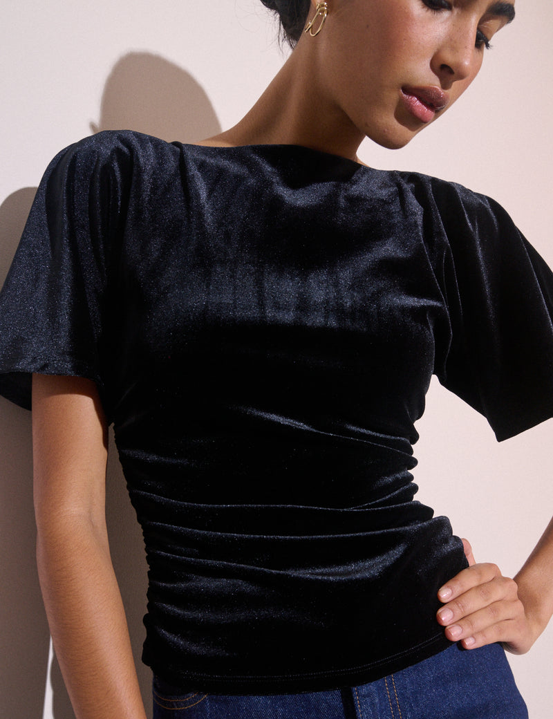 Black Ruched Velvet Top