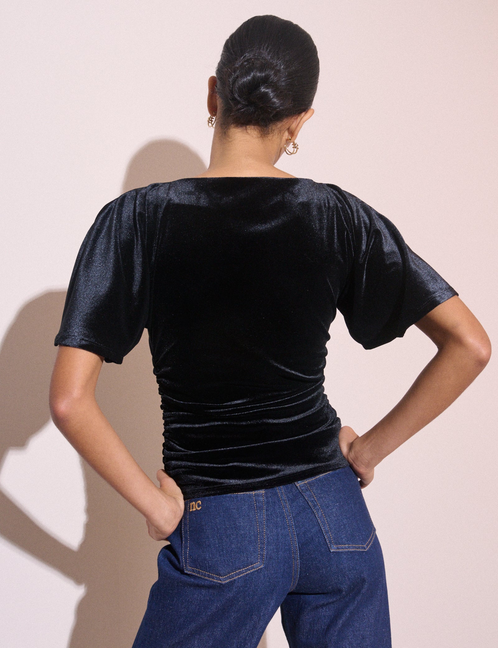 Black Ruched Velvet Top