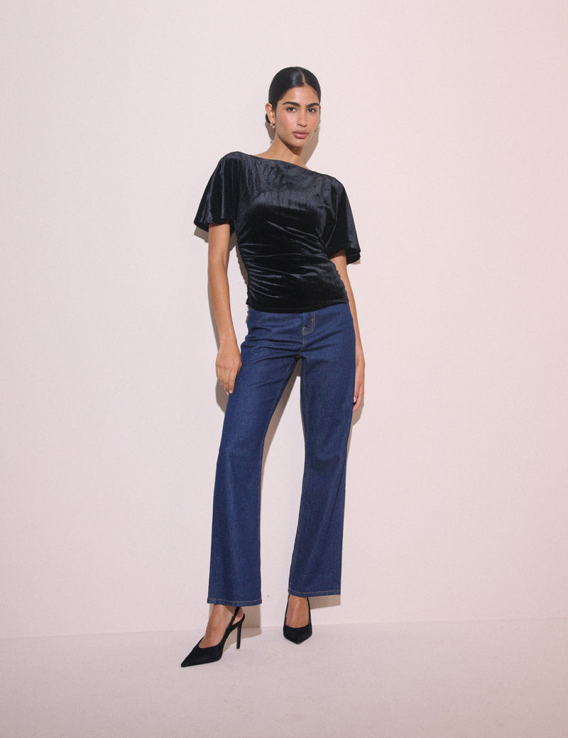 Black Ruched Velvet Top
