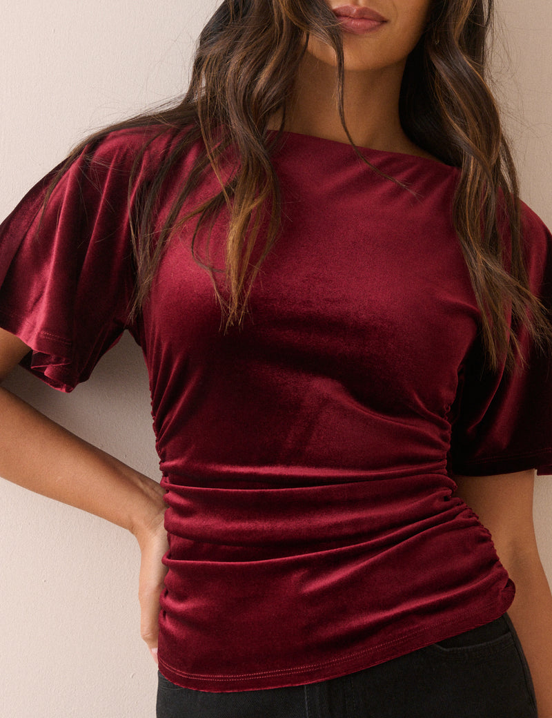 Burgundy Ruched Velvet Top