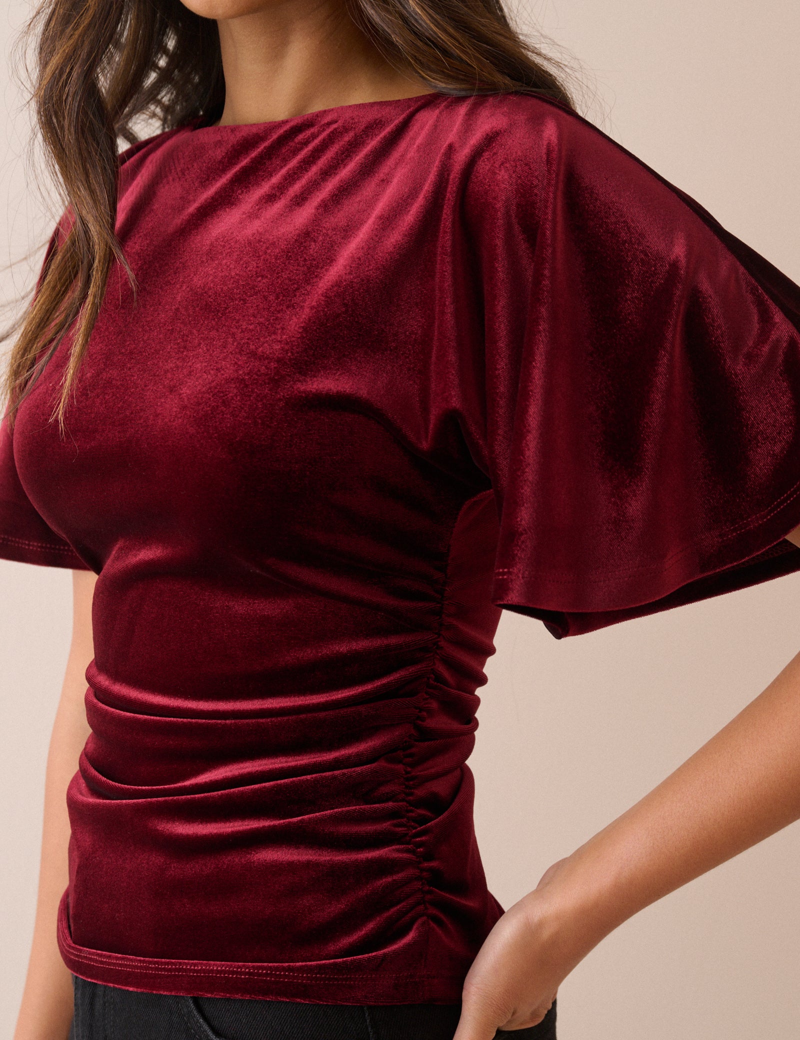 Burgundy Ruched Velvet Top
