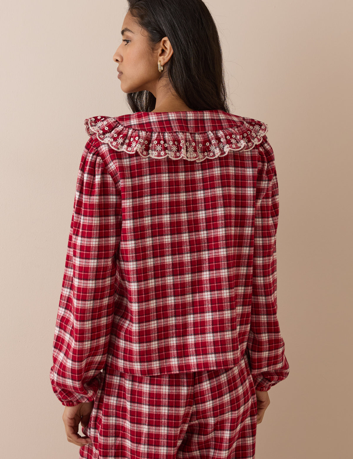 Brushed Check Broderie Frill Pyjama Top