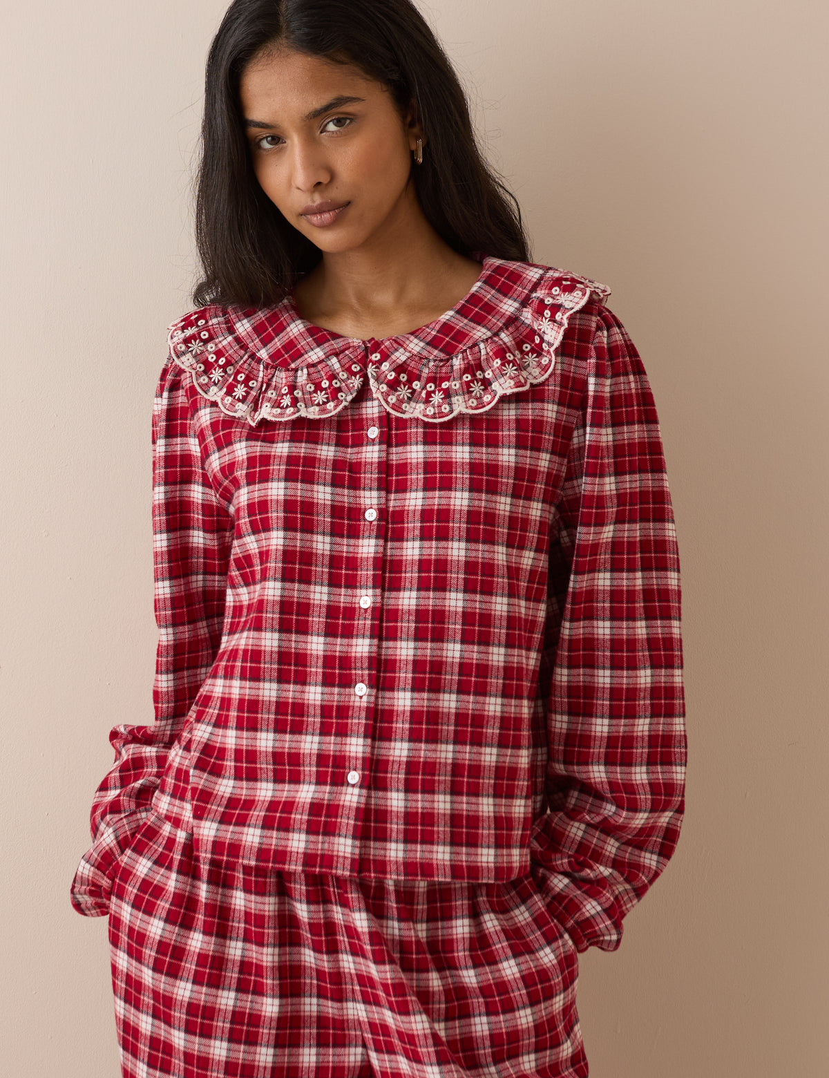 Brushed Check Broderie Frill Pyjama Top