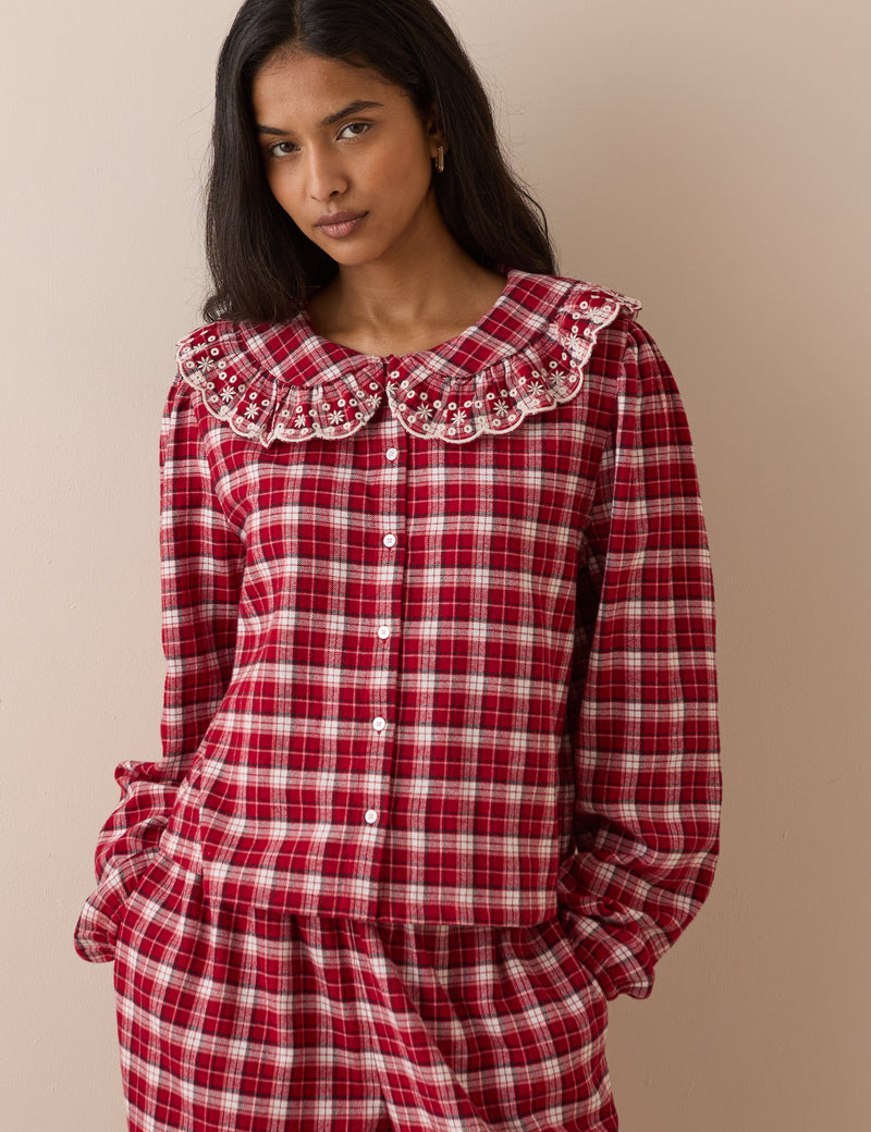 Brushed Check Broderie Frill Pyjama Top