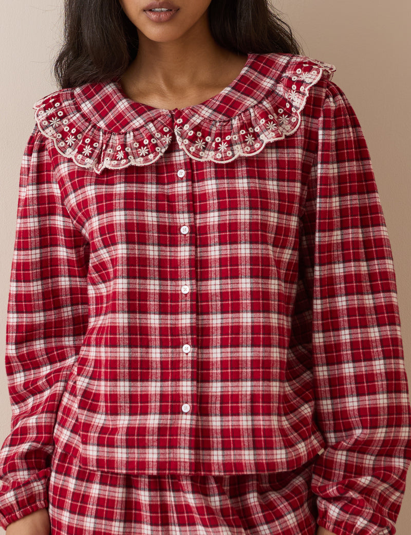 Brushed Check Broderie Frill Pyjama Top