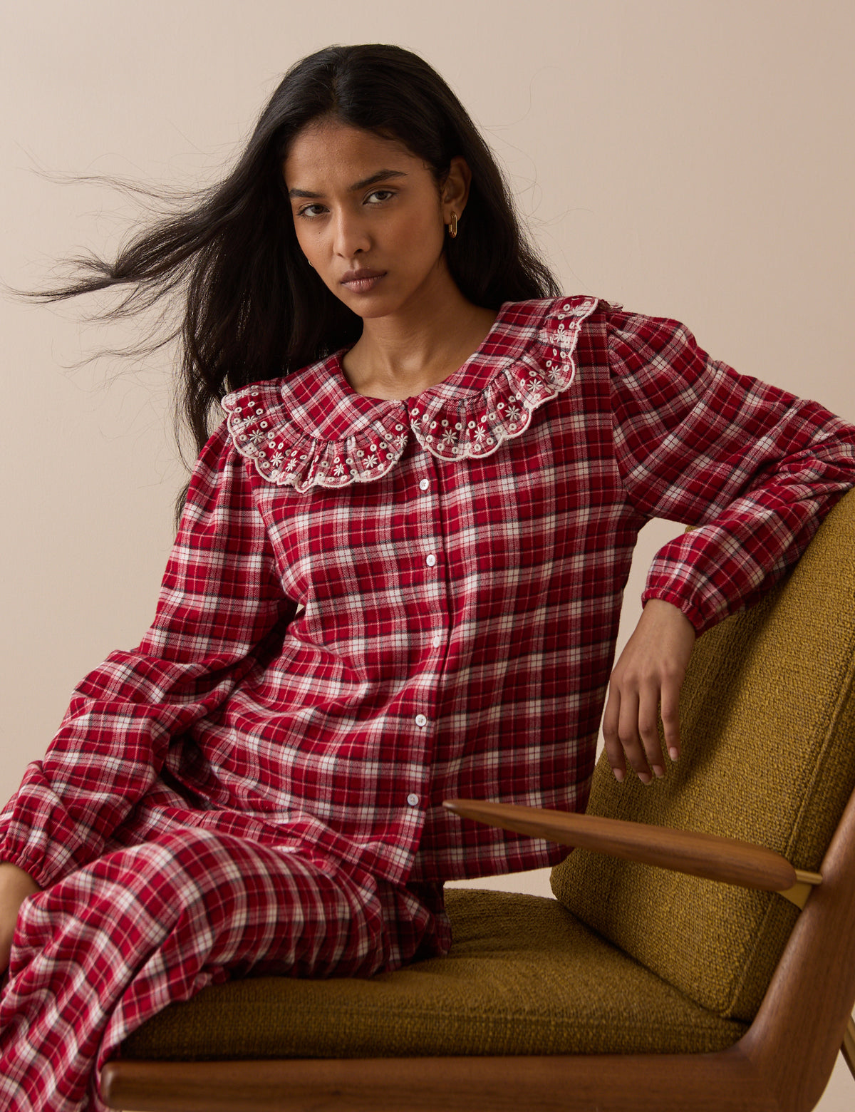 Brushed Check Broderie Frill Pyjama Top