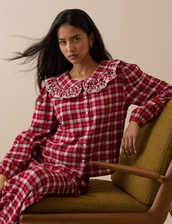 Brushed Check Broderie Frill Pyjama Top