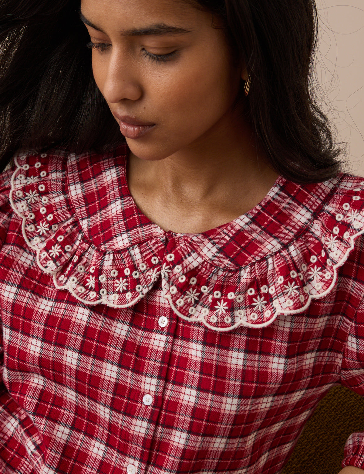 Brushed Check Broderie Frill Pyjama Top