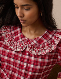 Brushed Check Broderie Frill Pyjama Top
