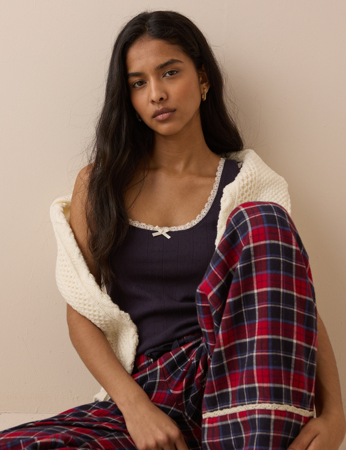 Navy Pointelle Contrast Lace Trim Jersey Vest