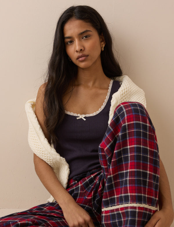 Navy Pointelle Contrast Lace Trim Jersey Vest