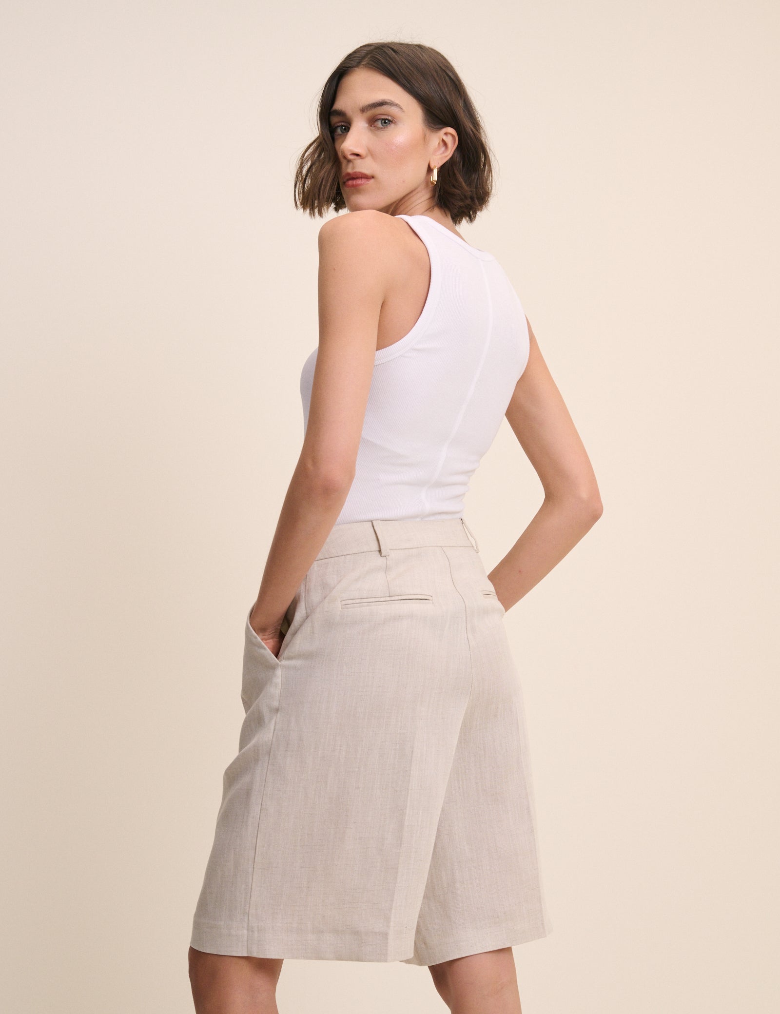 Cream Bermuda Linen-Blend Tailored Shorts