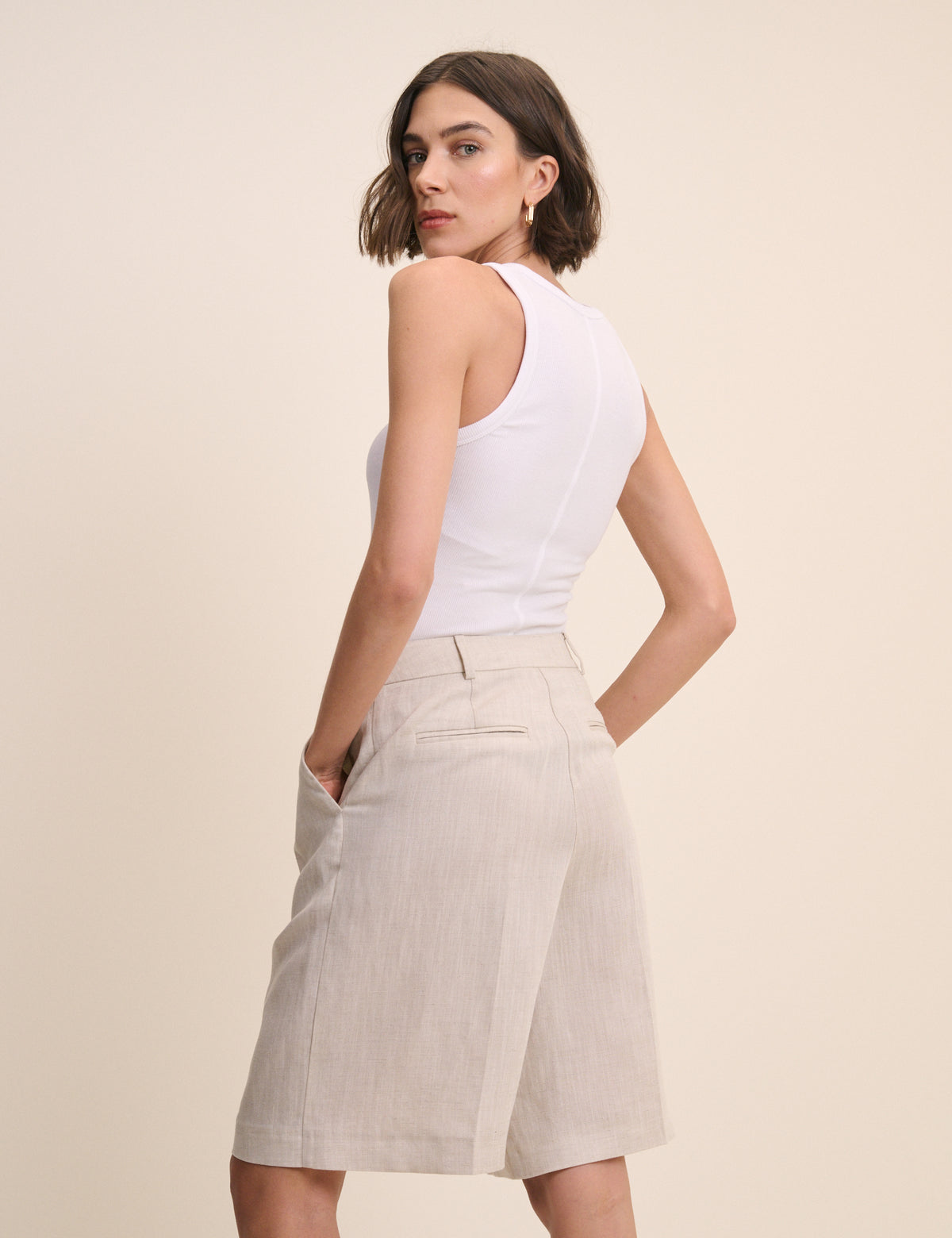 Cream Bermuda Linen-Blend Tailored Shorts